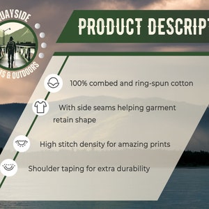 May include: Product description graphic with a green background and white text. The text reads "100% combed and ring-spun cotton", "With side seams helping garment retain shape", "High stitch density for amazing prints", and "Shoulder taping for extra durability".
