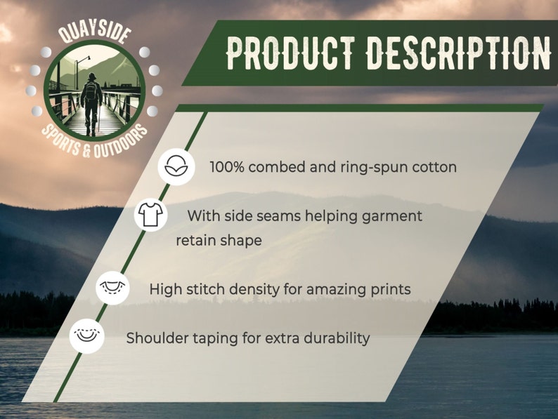 May include: Product description graphic with a green background and white text. The text reads "100% combed and ring-spun cotton", "With side seams helping garment retain shape", "High stitch density for amazing prints", and "Shoulder taping for extra durability".