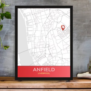 Stadio di Liverpool Anfield, regalo d’arte da parete incorniciato, carta minimalista per guardaroba, regalo con stampa di posizione, arredo artistico per la camera da letto