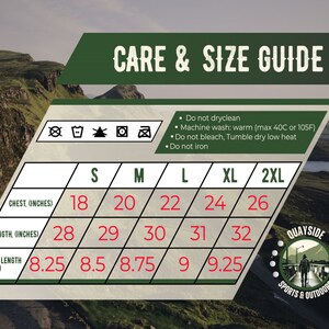 May include: A size chart for clothing with instructions for washing and drying. The chart shows sizes from small to 2XL with measurements in inches for chest, length, and sleeve length.