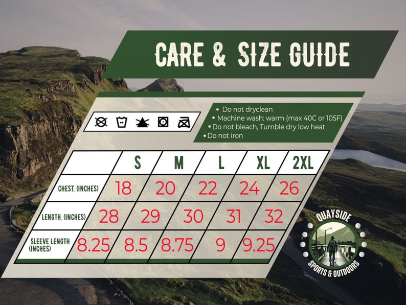 May include: A size chart for clothing with instructions for washing and drying. The chart shows sizes from small to 2XL with measurements in inches for chest, length, and sleeve length.