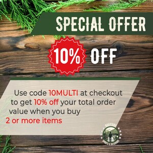 May include: A special offer graphic with a red circle containing the text "10% OFF" on a wooden background. The text "Use code 10MULTI at checkout to get 10% off your total order value when you buy 2 or more items" is displayed below the circle.