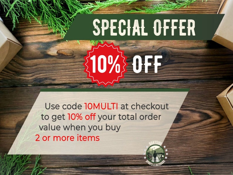 May include: A special offer graphic with a red circle containing the text "10% OFF" on a wooden background. The text "Use code 10MULTI at checkout to get 10% off your total order value when you buy 2 or more items" is displayed below the circle.