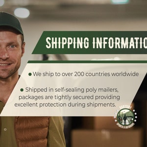 May include: A man wearing a brown vest and a green cap stands in front of a warehouse with boxes. The text "SHIPPING INFORMATION" is displayed in a green banner above him. The text below the banner reads "We ship to over 200 countries worldwide. Shipped in self-sealing poly mailers, packages are tightly secured providing excellent protection during shipments."
