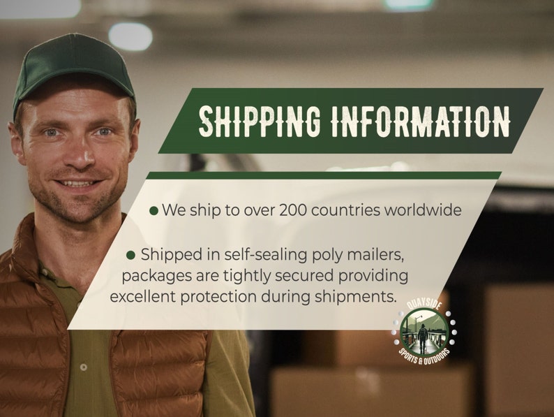 May include: A man wearing a brown vest and a green cap stands in front of a warehouse with boxes. The text "SHIPPING INFORMATION" is displayed in a green banner above him. The text below the banner reads "We ship to over 200 countries worldwide. Shipped in self-sealing poly mailers, packages are tightly secured providing excellent protection during shipments."