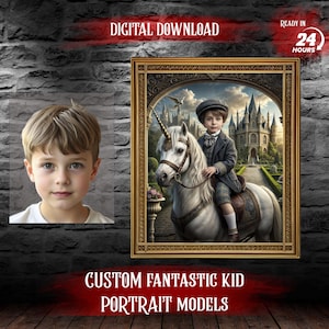 Portrait fantastique d'enfant personnalisé à partir d'une photo, dinosaure, dragon, Trex, licorne, mammouth, rhinocéros, fantastique
