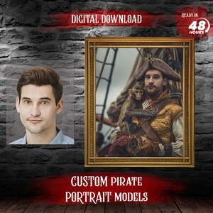 May include: A digital download of a custom pirate portrait model. The image shows a man dressed as a pirate with a monkey on his shoulder. The man is wearing a gold and brown jacket with a red sash and a black belt. He is holding a sword in his right hand. The monkey is wearing a red and white hat. The background is a blurry image of a ship.