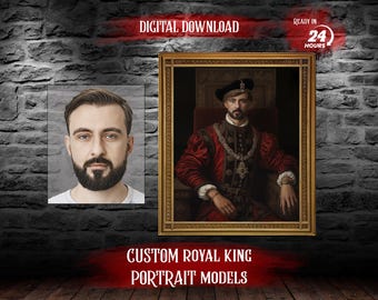 Può includere: Download digitale di un modello di ritratto di re reale personalizzato. L'immagine mostra un uomo con una veste rossa e dorata con una corona e una barba. Il testo "CUSTOM ROYAL KING PORTRAIT MODELS" è in fondo all'immagine.