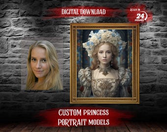 May include: A digital download of a custom princess portrait model. The image shows a woman in a white and gold dress with a crown of flowers on her head. The background is a blurred image of a castle.