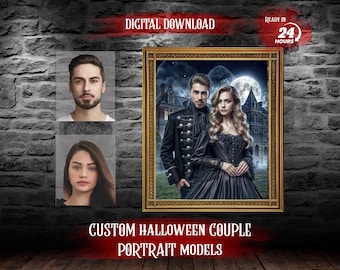 May include: A digital download of a custom Halloween couple portrait model. The image shows a couple dressed in vampire costumes, standing in front of a spooky mansion. The man is wearing a black velvet jacket with gold trim and the woman is wearing a black velvet dress with lace trim. The image is set against a dark background with a full moon in the sky.