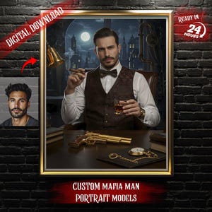 Custom Fantasy Mafia Man Portrait from Photo, Personalized Vintage Gangster Artwork, Victorian Mobster Gift, Unique Mafia Decor