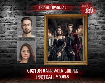 May include: Digital download of a custom Halloween couple portrait model. The image shows a man and woman dressed in formal attire, with the woman wearing a black gown and the man wearing a red jacket. The image is set in a dark, gothic-style room.