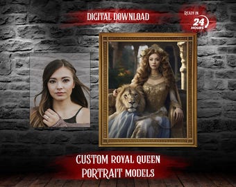 May include: A digital download of a custom royal queen portrait model. The image shows a woman in a gold dress with a lion beside her, set in a painting frame.