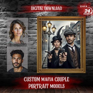 Custom Mafia Couple Portrait from Photo, 1800s-1900s Mafia-Themed Wall Art, Vintage Couple Decor, Unique Gift for Mafia Lovers