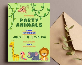 May include: A light green party invitation with the text "CALLING ALL PARTY ANIMALS". The invitation includes illustrations of a monkey, giraffe, parrot, elephant, and lion. The invitation is for Annie's 5th birthday, July 4th, 2-5 PM.