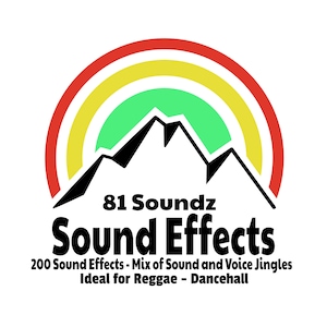 Op de afbeelding: Een logo met een regenboog en bergen in zwart, met de tekst "81 Soundz Sound Effects" en "200 Sound Effects - Mix of Sound and Voice Jingles Ideal for Reggae - Dancehall".