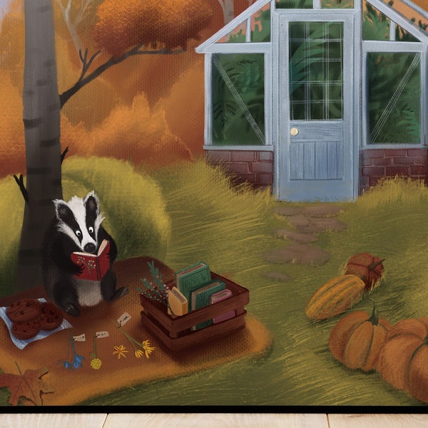 Badger with cookies illustration, digital card for print, greenhouse and fall forest, autumn wall art for children's rooms, nursery art