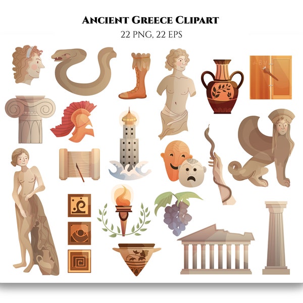 Ancient Greece elements Clipart set, Marble statue, Theatre masks, Amphours, Lighthouse, Olympic flame, Ancient architecture clipart,Eps,Png