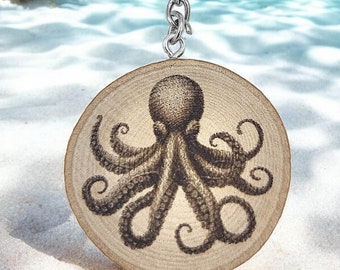 Cool Octopus Handmade and natural unique laser engraved wooden keychain
