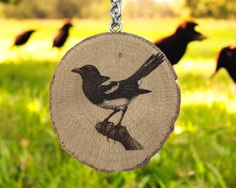 The Magpie - Handmade and natural unique laser engraved wooden keychain