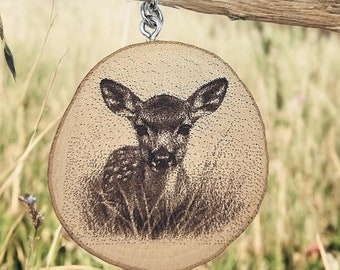 Fawn in the grass Handmade and natural unique wooden keychain