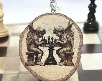 Angel playing chess Handmade and natural unique wooden keychain