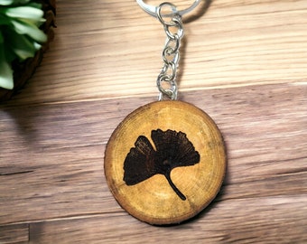 Ginkgo Biloba Handmade and natural one-of-a-kind laser engraved keychain made of wood