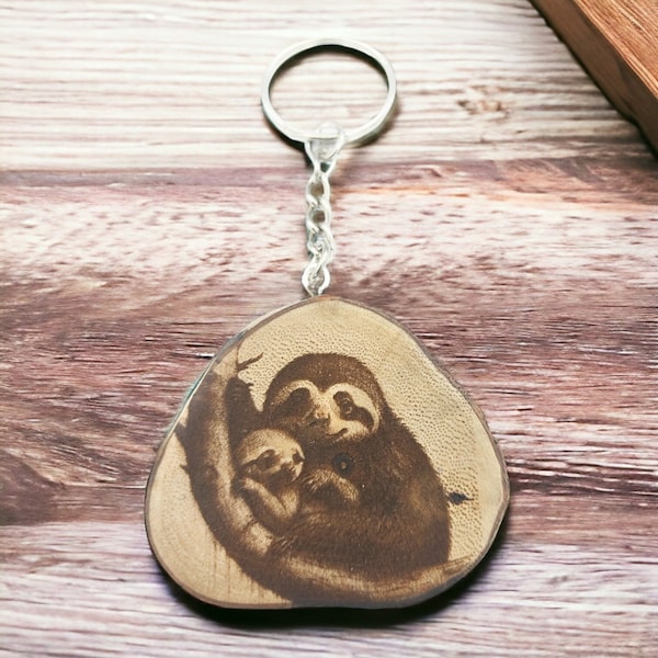 Sloth Love Handmade and natural one-of-a-kind laser engraved keychain made of wood