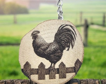 Rooster on the fence Handmade and natural unique laser engraved wooden keychain