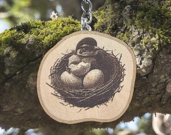 Freshly hatched chick Handmade and natural unique piece Laser engraved wooden keychain