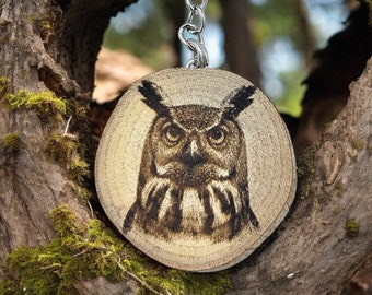 The Long-eared Owl - Handmade and natural unique laser-engraved wooden keychain