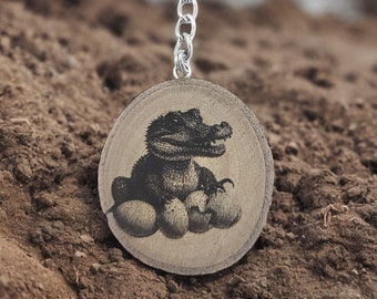 Freshly hatched crocodile Handmade and natural unique piece Laser engraved wooden keychain