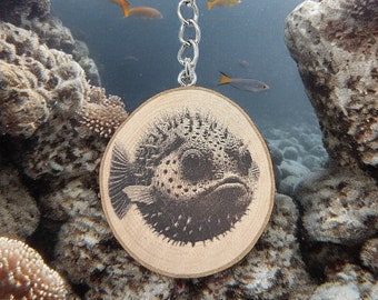 Pufferfish Handmade and natural unique laser engraved wooden keychain