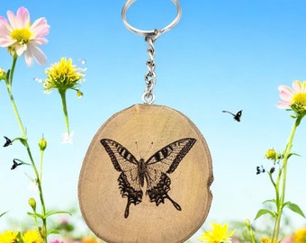 Swallowtail Butterfly Handmade and natural unique piece Laser engraved wooden keychain