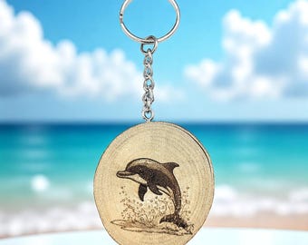 Splashing Dolphin Handmade and natural unique wooden keychain