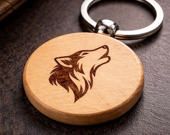 Howling Wolf Minimalist Design Handcrafted Laser Engraved Wooden Keychain