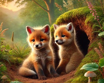 Adorable Fox Pair PNG - Sitting at Their Cozy Den
