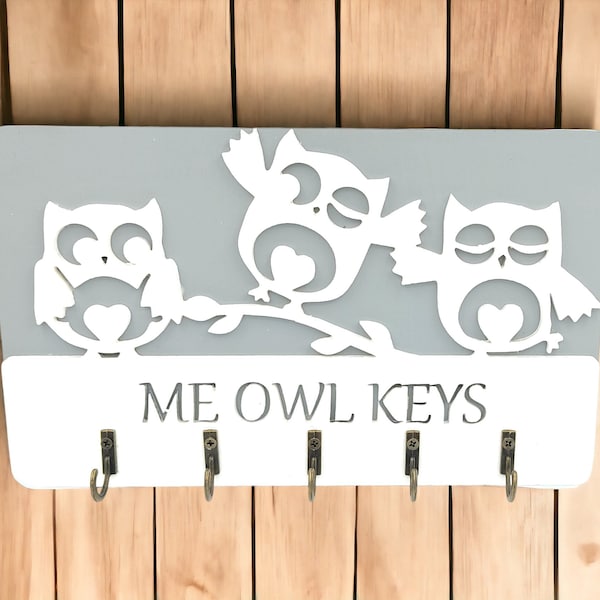 Me Owl Keys - Grey and White Wooden Key Holder: Your Whimsical Organizer