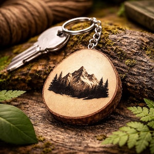 Puede incluir: Un llavero redondo de madera con una ilustración oscura y detallada grabada con láser de una cadena montañosa rodeada por un denso bosque de pinos. El llavero está unido a una anilla de metal plateado y una cadena corta.
