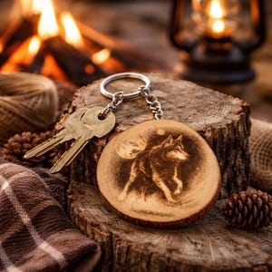 Wolf Hunt by Full Moon Laser-Engraved Wooden Keychain
