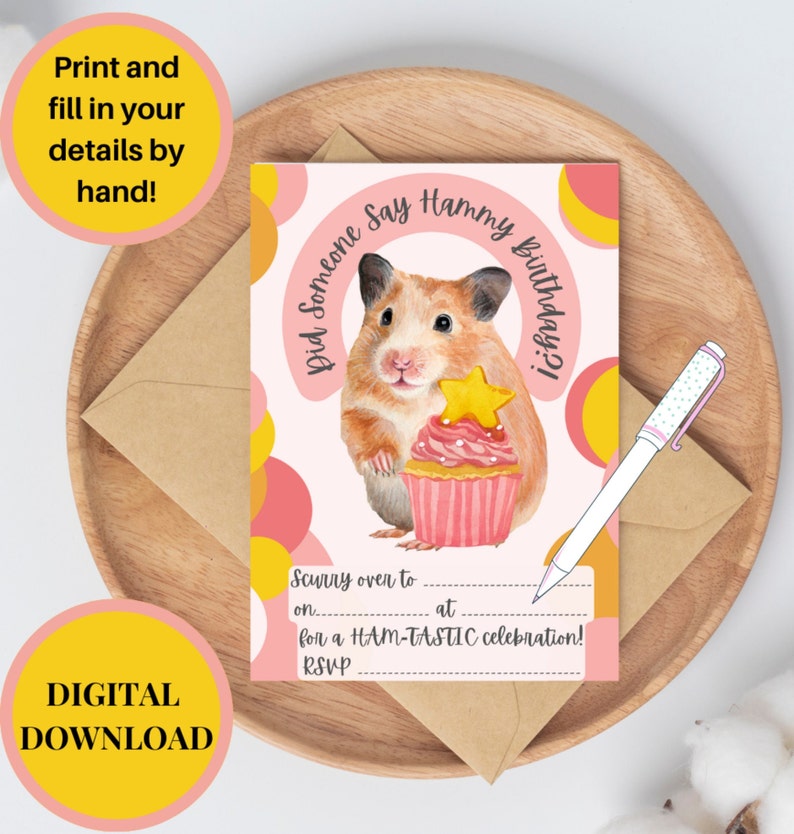 Hamster Birthday Party Theme Kids Invitation Fill in Pink Yellow ...