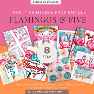 May include: Printable party pack bundle featuring flamingos and the number five. The pack includes eight items, such as welcome signs, food labels, and cupcake toppers. The designs are pink, blue, and green with watercolour flamingo illustrations.