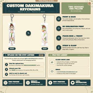 May include: Custom Dakimakura keychains with double-sided printing. The front and back feature unique designs on a mini pillow. The keychains have a strap and clasp for easy attachment. The text on the image says "Custom Dakimakura Keychains".