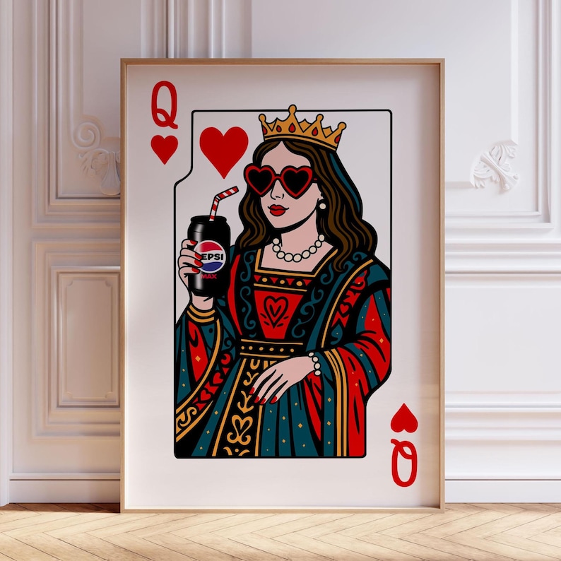 May include: A framed art print featuring a stylized Queen of Hearts playing card illustration. The queen wears a crown and heart-shaped sunglasses, holding a Pepsi can with a straw. The artwork is in red, teal, black, and gold.