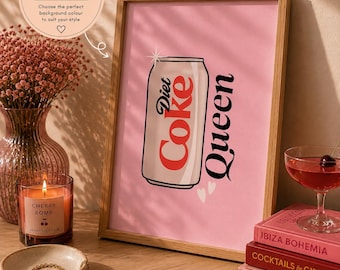 Diet Coke Queen Pop Art Poster, Modern Wall Art Print, Retro Soda Can Decor, Colourful Kitchen or Bar Artwork Gift, Diet Coke lover gift