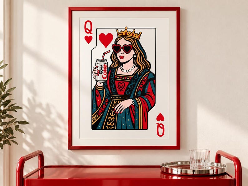 May include: A framed wall art print featuring a stylized Queen of Hearts playing card illustration. The queen wears a gold crown, heart-shaped sunglasses, and a pearl necklace while holding a silver can labeled Diet Coke with a red striped straw.