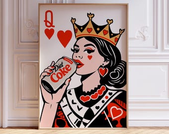 Impresión pop art de Coca-Cola Light de la Reina de Corazones, ilustración de naipes retro, arte mural con un toque rojo y negro, decoración moderna para el hogar, para amantes de la Coca-Cola Light.
