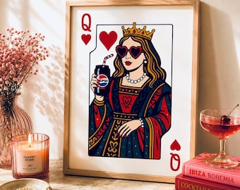 Queen of Hearts Playing Card Print Pepsi Max Retro Wall Art Pop Art Bar Decor Quirky Kitchen Wall Art Aesthetic Gallery Print