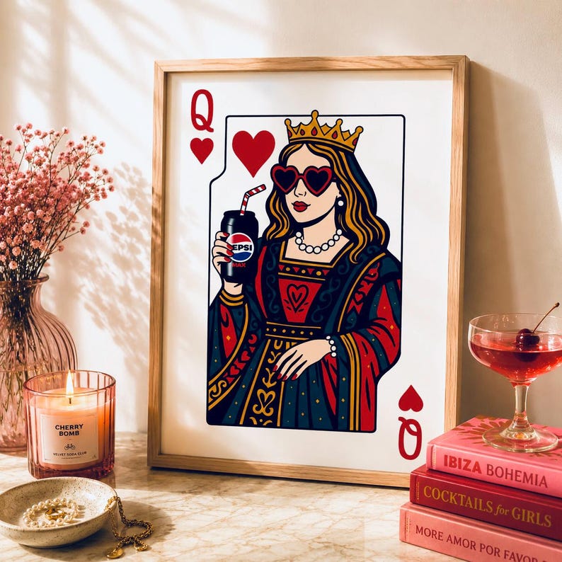 May include: Framed art print featuring a stylized Queen of Hearts card design. The queen wears a crown and heart-shaped sunglasses, holding a Pepsi can with a straw. The artwork is in a wooden frame, with pink flowers and a candle in the background.
