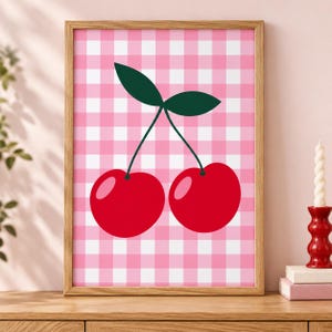 Cherry Art Print, Pink Gingham Kitchen Wall Art, Red Cherry Poster, Retro Fruit Decor, Colourful Dining Room Print